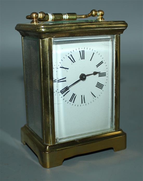 Late 19th century French brass cased eight day carriage timepiece